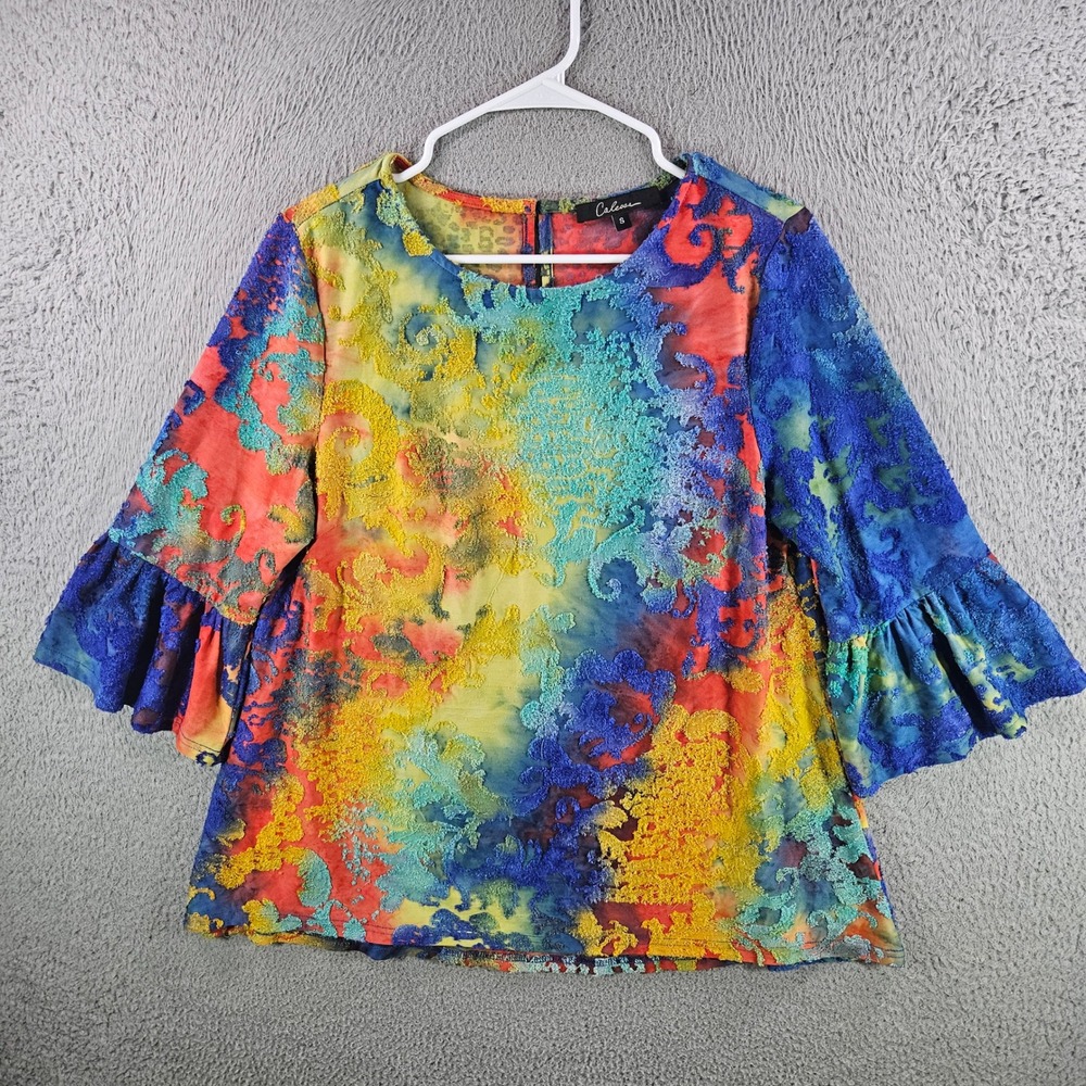Calessa Womens Burnout Velvet Ruffle Bell‎ Sleeve Blouse Multi Color Size S